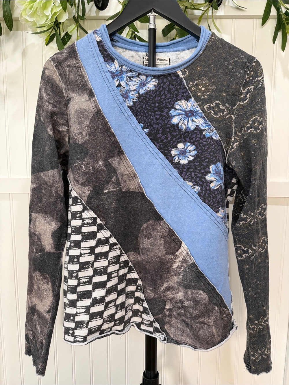 #980 WE THE FREE Blue, Gray Patchwork Mixed Print Sweatshirt RARE